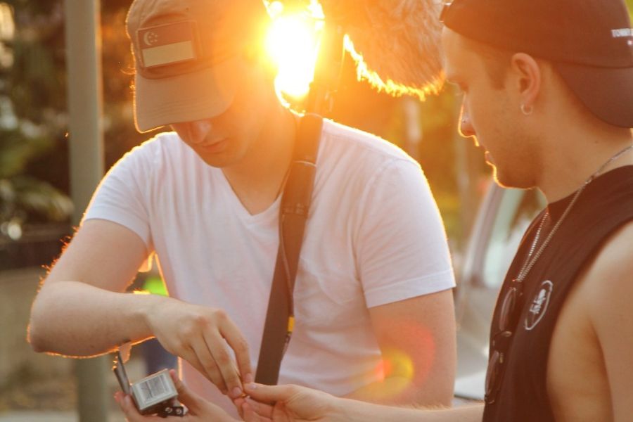 Holding the sound boom at sunset