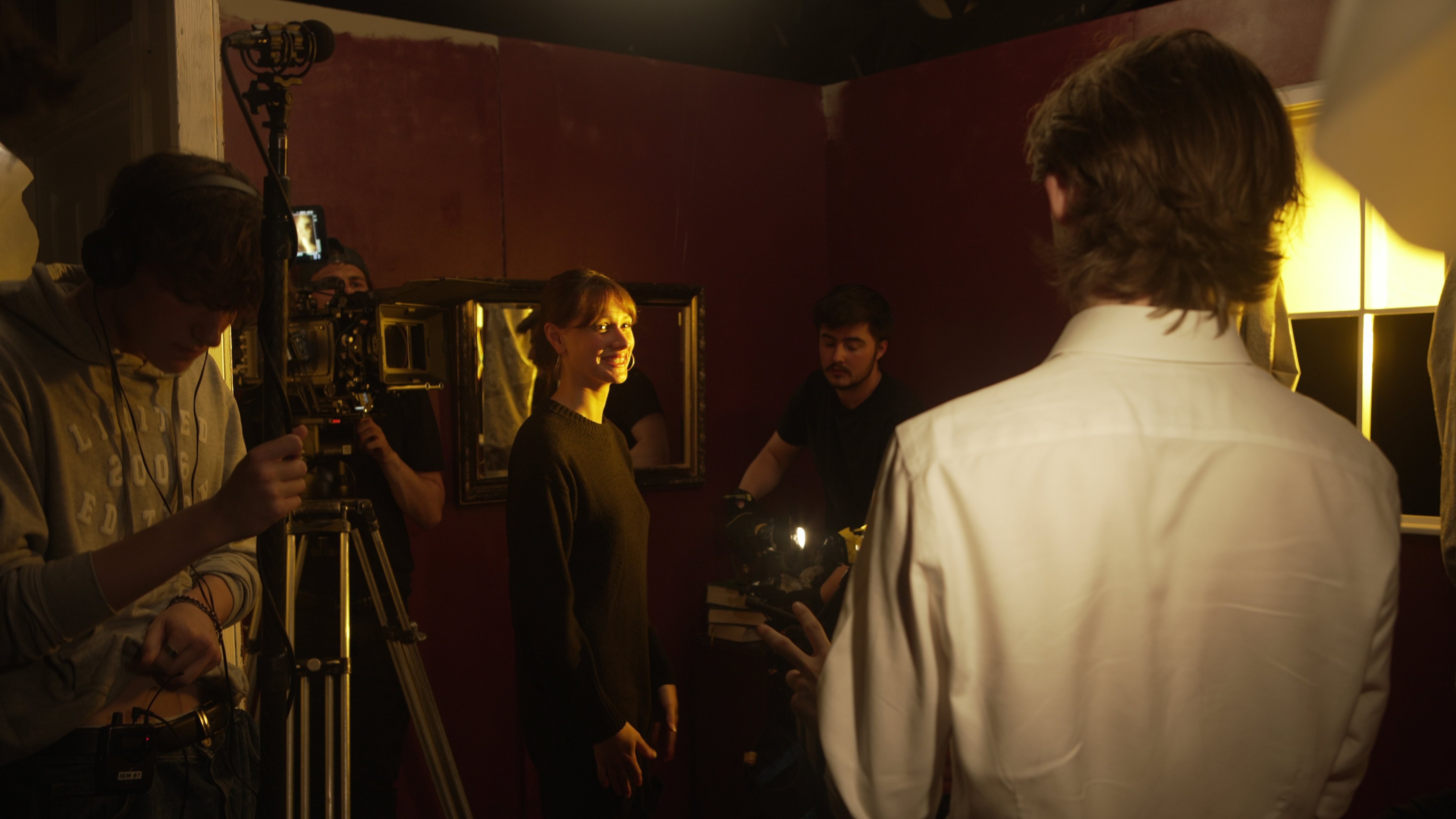 Film students on set, working