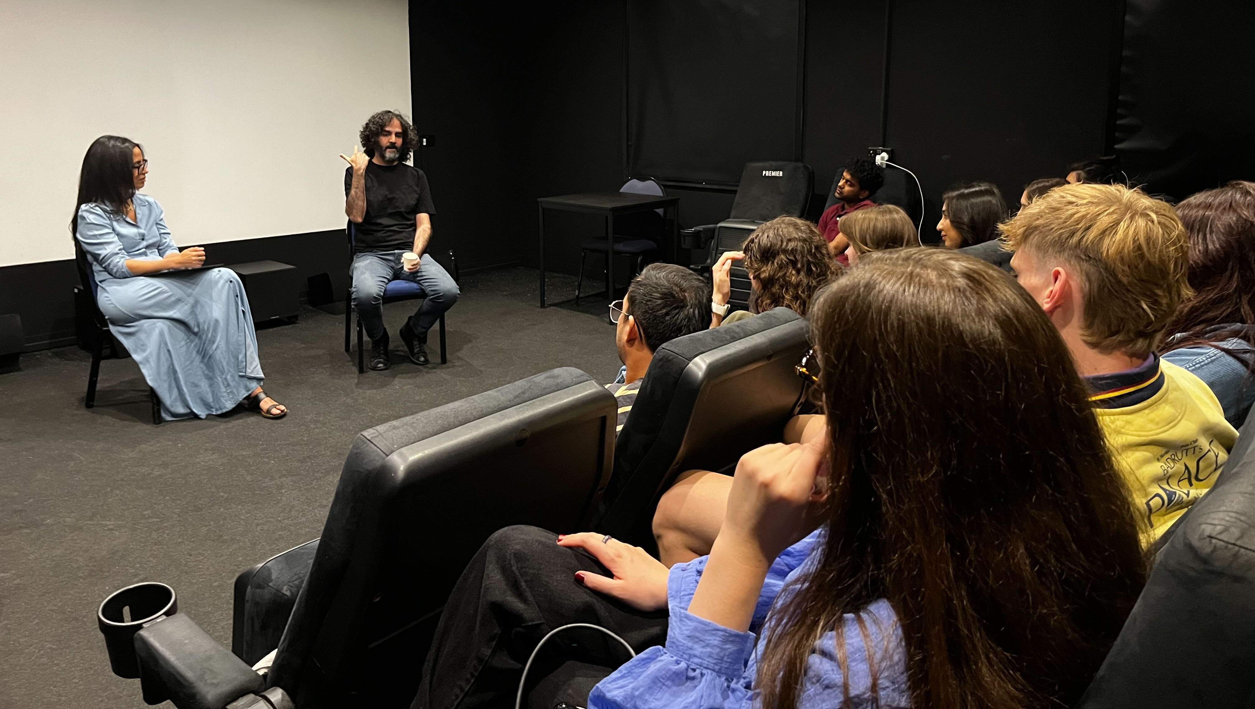 Filmmaker Babak Anvari talking to LFA students in cinema